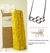 Image of Harvest Large Sterling or 14K Gold Plated Honeycomb Pendant and 8" Hand Dripped Beeswax Pillar Candl