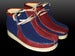 Image of Navy Blue & Burgundy w/ Brown Leather Trim "Teddy Bear"  Custom Dyed Wallabee Clarks Boot