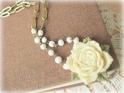Image of Cream Rose and Leaves with White Beads and Brass Chain Necklace 