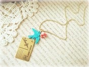 Image of Teal Bird and Postcard Necklace with Red Flower 