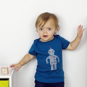 Image of Silver on Blue Sparkle Robot Short Sleeve Organic Onesie/Tee