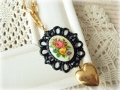 Image of Long Gold Necklace with German Floral Cab in Black Frame and Gold Heart 