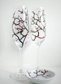 Image of Personalized Cherry Blossom Toasting Flutes and Ring Dish-3 Piece Personalized Wedding Collection