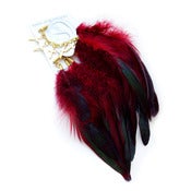 Image of Ear cuff with red rooster feathers and 5 gold-plated crosses