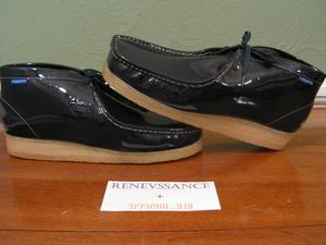 Image of DEADSTOCK CLARKS "CONCEPTS" PATENT LEATHER WALLABEES MOCCASINS BLUE sz 9