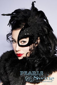 Image of "SpellBound" Half Mask Fascinator Black Velvet Lace Feather Masked Ball Accessories