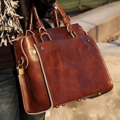Image of Handmade Genuine Leather Women's Briefcase Handbag Messenger Bag in Smooth Oil Wax Leather (m12)