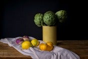 Image of Long stem artichokes, lemons, Eli & Ali heirloom tomato, turnips 