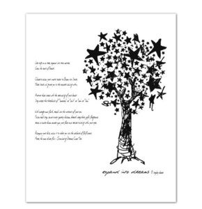 Image of 5x7 Black and white Giclee Fine Art Sketch of Tree and Stars