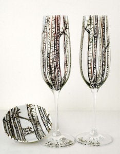 Image of Personalized Birch Tree Toasting Flutes and Ring Dish-3 Piece Personalized Wedding Collection