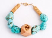 Image of Wood Cube Geode and Chalk Turquoise Gold Bracelet