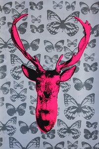 Image of Deer Hunter print Pink with silver butterflies Surrealism Screen Print Lowbrow Art