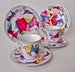Image of A Pair Of Upcycled, Hand-Drawn Geometric Patterned Tea Cups And Plates