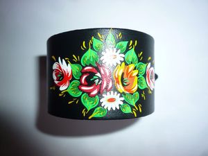 Image of The OMARINA Black Leather Gypsy Biker CUFF (Floral Design Bracelet)
