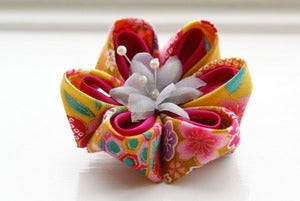 Image of Yellow and Pink Kanzashi Flower Brooch Pin: Kanzashi Corsage in Yellow and Fuchsia