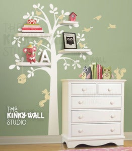 Image of NEW Shelf Tree with Birds & Squirrels - vinyl sticker wall decal with shelves - KK125 - Children Bab