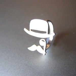 Image of Mr. Mustache with Top Hat and Monocle - Handmade Silver Ring