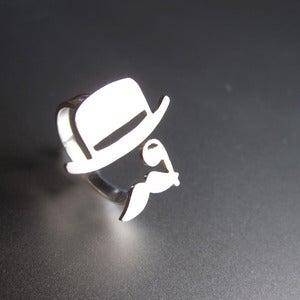 Image of Mr. Mustache with Top Hat and Monocle - Handmade Silver Ring