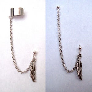 Image of Single Feather Chain with Double Piercing or Earring Cuff