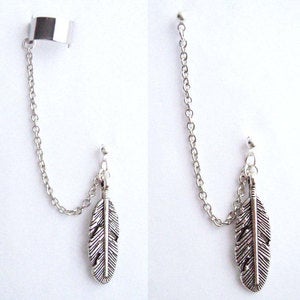 Image of Single Large Feather Chain with Double Piercing or Earring Cuff