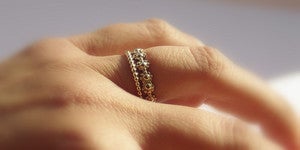 Image of Gold Filled daisy chain stackable wedding ring & gold dotted band, flower girl ring