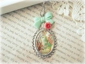 Image of Silver Necklace with Bunny in Forrest Pendant with Bow and Red Flower 