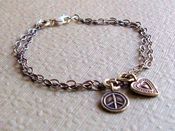 Image of Peaceful Heart Bracelet Sterling Silver Double Chain Charms Minimalist