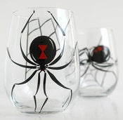 Image of Black Widow Stemless Wine Glasses-Set of 2 Hand Painted Glasses