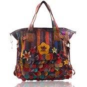 Image of Handmade Genuine Leather Women's Handbag Messenger Traveling Bag in Splicing Leather - Flowers (m46)