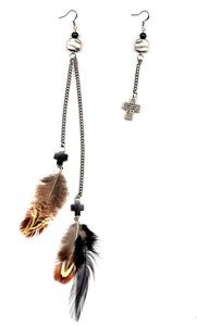 Image of Jerrica - Asymmetrical Feather & Silver Cross and Chain Earring