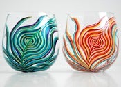 Image of Yin and Yang Peacock Stemless Glasses-Set of 2 Hand-Painted Wine Glasses