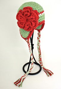 Image of Earflap Beanie in Sage with Rust stripe and flower (6 Sizes available)