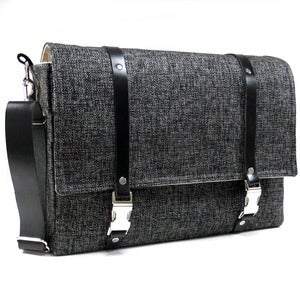 Image of Larger 13" Laptop messenger bag in dark gray tweed and black leather