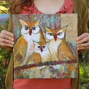 Image of Original Painting on Panel 12X12 Owl Family