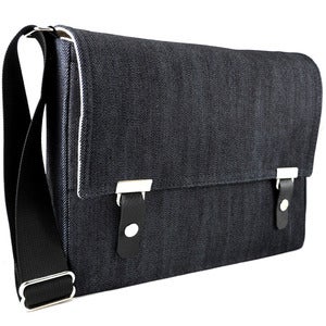Image of iPad messenger bag in dark blue denim