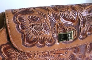 Image of Vintage Hand Tooled Leather Bag. Flower design.