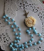 Image of Vintage Cream Bloom on Aqua Blue Glass Bead Chain