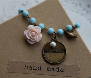 Image of Handstamped "Splendor" Charm on Aqua Blue Glass chain