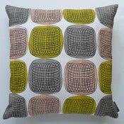 Image of Twister cushion in pink on white linen
