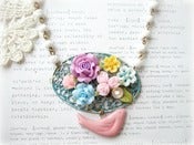 Image of Colourful Floral Blue & White Necklace with Pink Bird 
