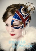 Image of "Regency" Queens Jubilee British Union Jack Half Mask Fascinator Gold Crown Hat Ascot Pearls Glitter