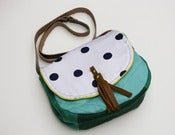 Image of -- S O L D -- a small cross body bag with a white and navy blue polka dot flap