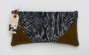 Image of OOAK-- black + white snake print clutch with brown leather corners