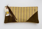 Image of -- S O L D -- OOAK-- mustard + brown print clutch with brown leather corners + tassel detail