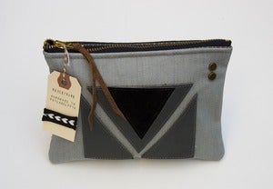 Image of -- S O L D-- OOAK-- slate blue denim zipper purse with geometric leather appliques