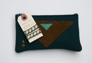 Image of -- S O L D-- OOAK-- deep teal zip pouch with leather triangle appliques