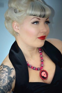 Image of Pink Skull Cameo Necklace on Pink & Black Zebra Print Beads Rockabilly Psychobilly Punk Skull