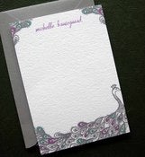 Image of Set of 10 personalized flat notes- Peacock in Gray, Fuchsia and Teal