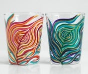 Image of Yin and Yang Peacock Feather Glasses-Set of 2 Hand Painted Shot Glasses