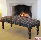 Image of Long Chocolate Brown Stool tweed check with mahogany stained and lacquered legs
